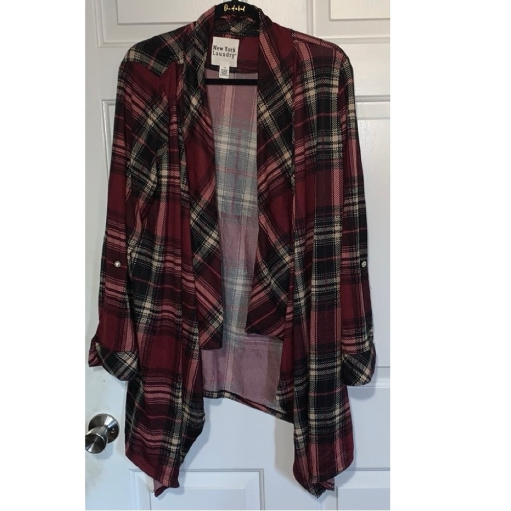 🎄 NEW YORK LAUNDRY Burgundy Plaid Open Front Flyway Draped Jacket NWT 1X